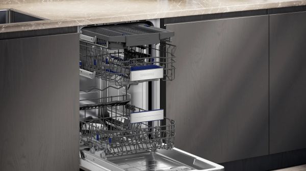 Посудомийна машина Siemens вбудована, 10компл., E, 45см, дисплей, 3й кошик, Zeolith, білий