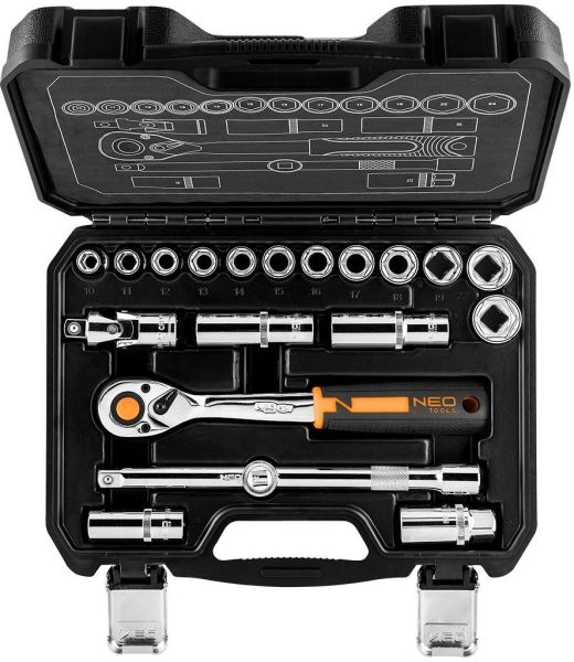 Набір інструментів Neo Tools, набір торцевих головок, 1/2", тріскачка 90 зубців, CrV, кейс, 20шт