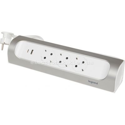 Подовжувач мережевий Legrand без кабелю, 3xТипF, 16A, 1xUSB-A,1xUSB-C, кутовий, білий