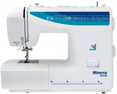 Швейна машина МINERVA M832B,  електромех., 85 Вт,  37 швейних операцій, петля напівавтомат, білий+си