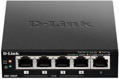 Комутатор D-Link DGS-1005P 5xGE (4xPoE, 1xUplink), 60W