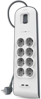 Подовжувач мережевий Belkin 2м, 8хТипF, 16А, 2xUSB-A 2.4A, фільтр, білий
