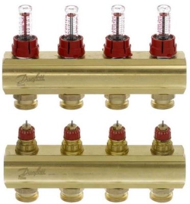Розподільний колектор Danfoss FHF-F, 4+4 контури, з ротаметрами, латунь
