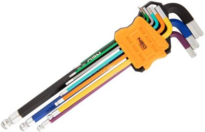 Ключі шестигранні Neo Tools, кулястий наконечник, кольорові, сталь S2, 1.5-10мм, набір 9шт