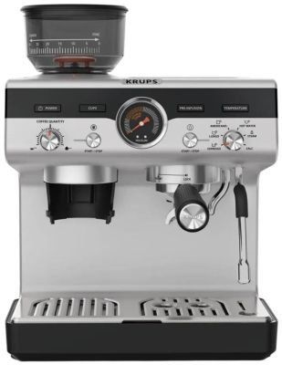 Кавоварка Krups ріжкова Precision+, 3.5л, вдубована кавомолка, ручний капучинатор, 15 бар, чорний-сі