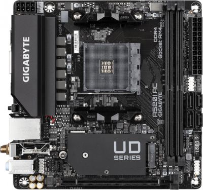 Материнська плата GIGABYTE A520I AC sAM4 A520 2xDDR4 M.2 HDMI DP Wi-Fi BT mITX