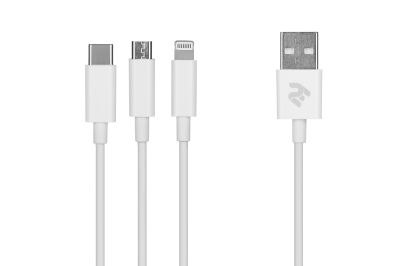 Кабель 2E USB-A > microUSB/Lightning/Type C, 5В/2.4A, 1.2м, білий
