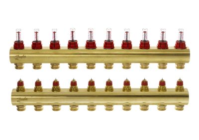 Розподільний колектор Danfoss FHF-F, 10+10 контурів, з ротаметрами, латунь