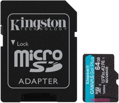 Карта пам'яті Kingston microSD   64GB C10 UHS-I U3 A2 V30 R200/W100MB/s + SD