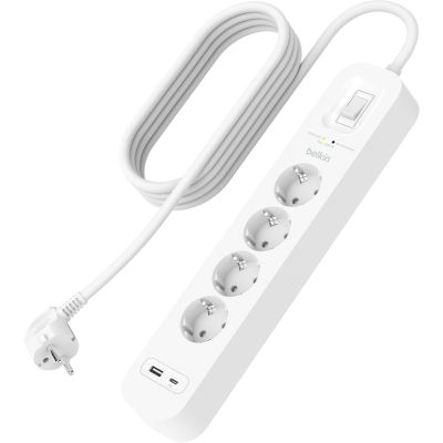 Подовжувач мережевий Belkin 2м, 4хТипF, 16А, USB-A/USB-C 18Вт, фільтр, білий