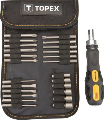Біти TOPEX, 1/4", бітотримач, торцеві головки 6шт, SL,PH,PZ,T, CrV, набір 26шт