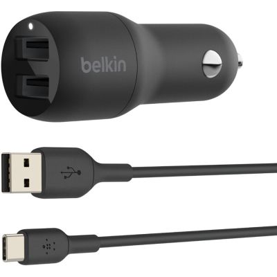 Зарядний пристрій автомобільний Belkin 24Вт 2хUSB-A, кабель USB-A > USB-C, 1м, чорний