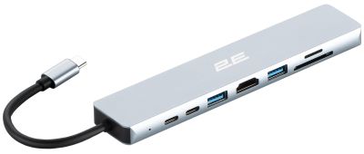Хаб 2E USB-С > USB-A 2.0/USB-A 3.0/2xUSB-C PD/HDMI/microSD/SD/Ethernet, 0.13м, сірий
