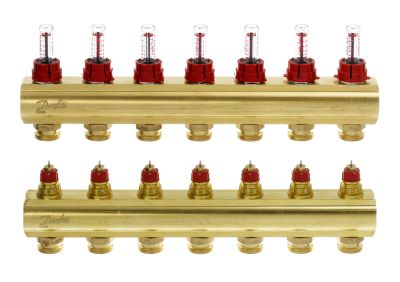 Розподільний колектор Danfoss FHF-F, 7+7 контурів, з ротаметрами, латунь
