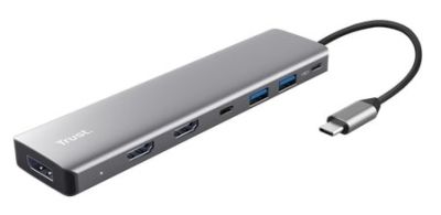 Адаптер Trust Dalyx 7in1 USB-C> 2xUSB-А 3.2/2xUSB-С/2xHDMI/Display Port, Алюміній, 0.16м, Сірий