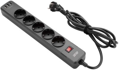Подовжувач мережевий 2E 2м, 5xТипF, 16A, 3xUSB-A, фільтр, чорний