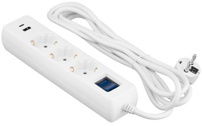 Подовжувач мережевий 2E 3м, 3xТипF, 16A, 1xUSB-A,1xUSB-C, фільтр, білий