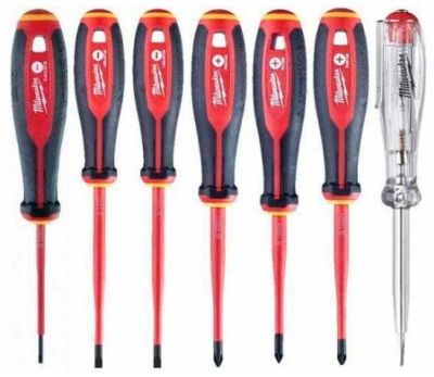 Набір викруток ізольованих Milwaukee до 1000В SL2,5,SL3,SL4,PH2,PZ1,PZ2,викрутка-тестер 7шт